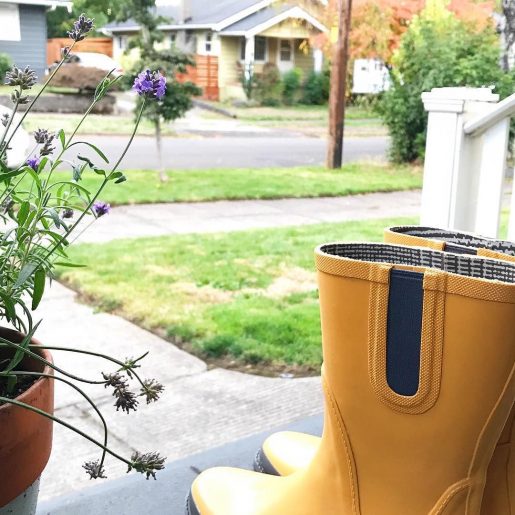 yellow rain books on a front porch overlooking a Portland neighborhood