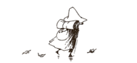 a line drawing of Snufkin walking away with his pack on his back, leaves blowing at his feet