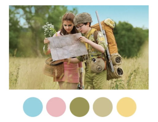 Screenshot from Moonrise Kingdom with five color dots below