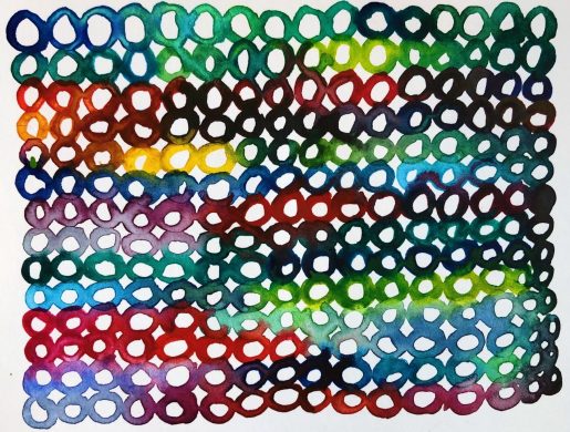 watercolor painting of rows of closely packed circles in many colors