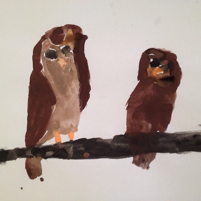two owls sitting on a branch, painted by Rilla, age 7
