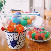 jellybeans, easter eggs, and a blooming cactus